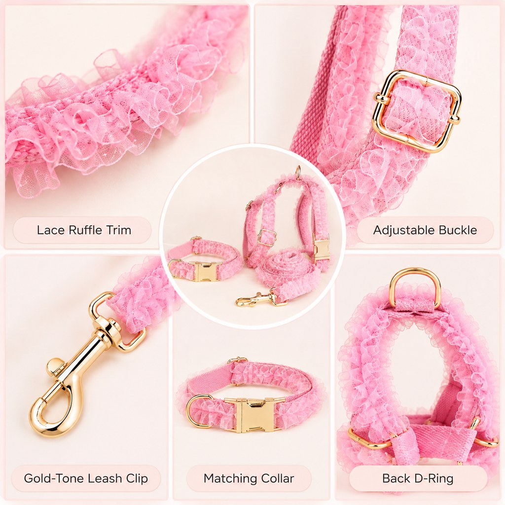 Lace Dog Harness, Collar & Leash Set – 3-Piece Ruffle