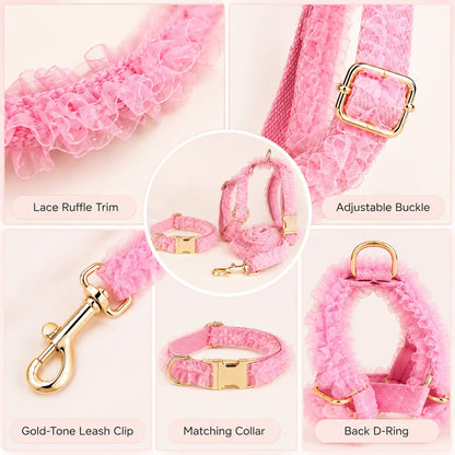 Lace Dog Harness, Collar & Leash Set – 3-Piece Ruffle
