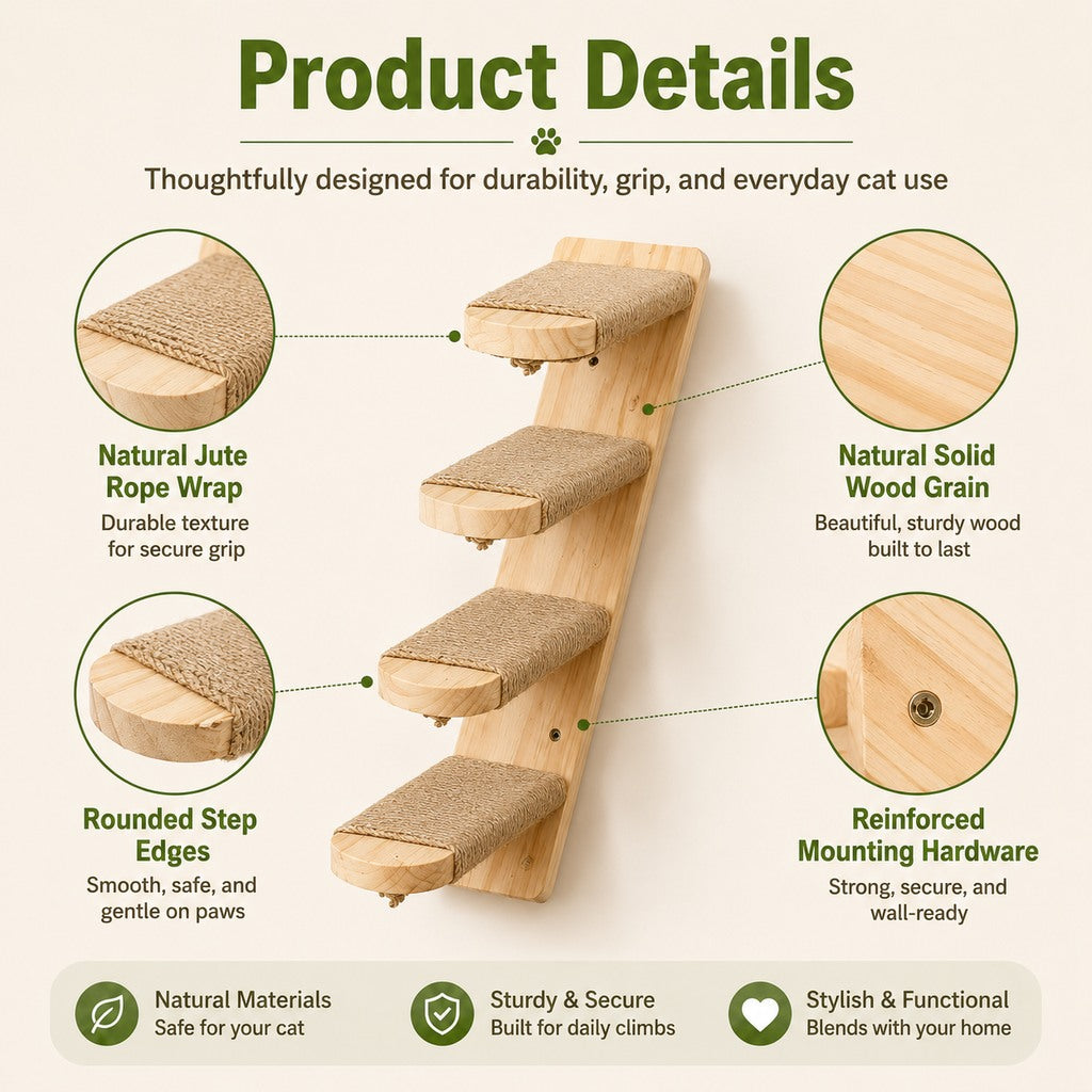 Wall-Mounted Wood Cat Steps – Space-Saving Climber