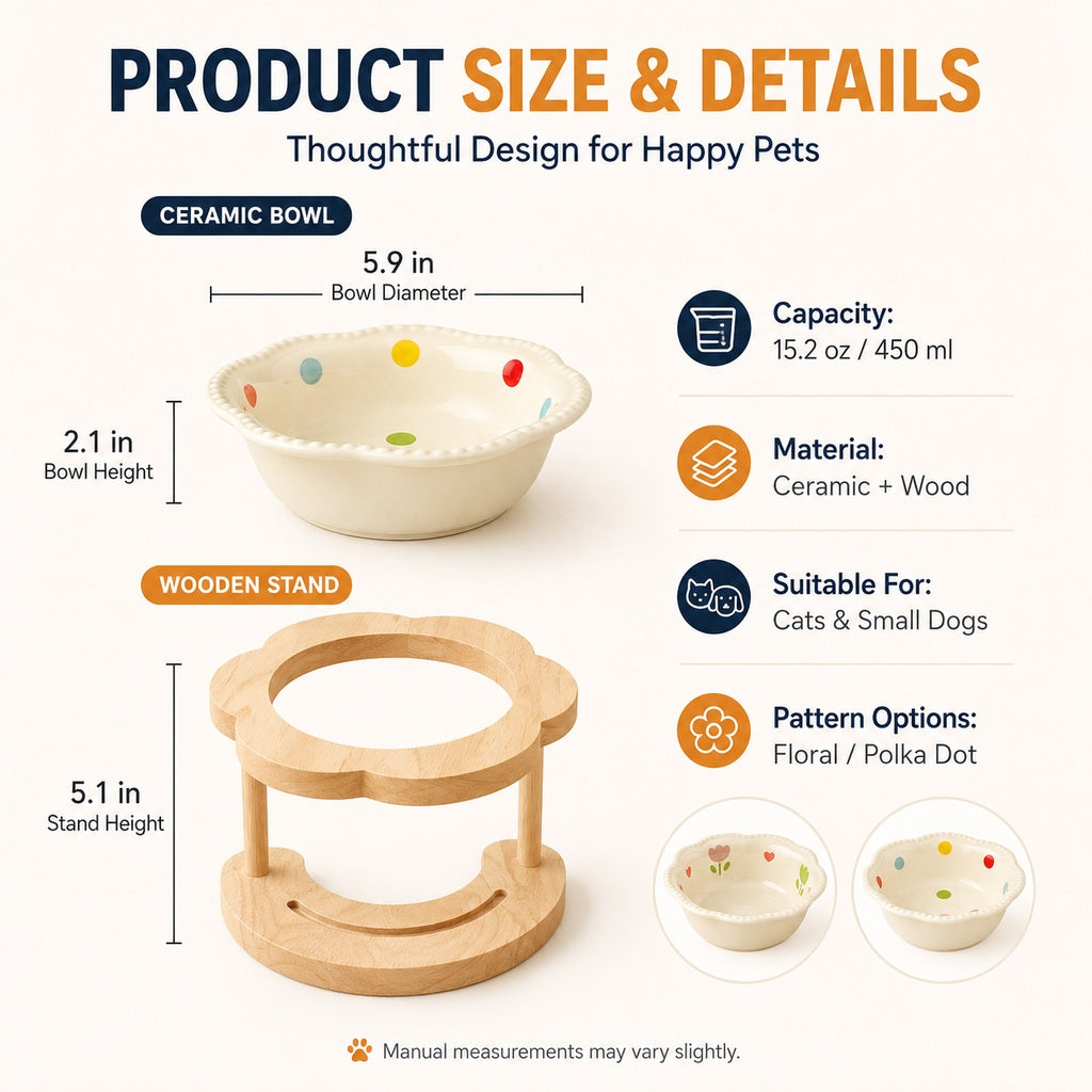 Elevated Ceramic Pet Bowl – Wooden Stand