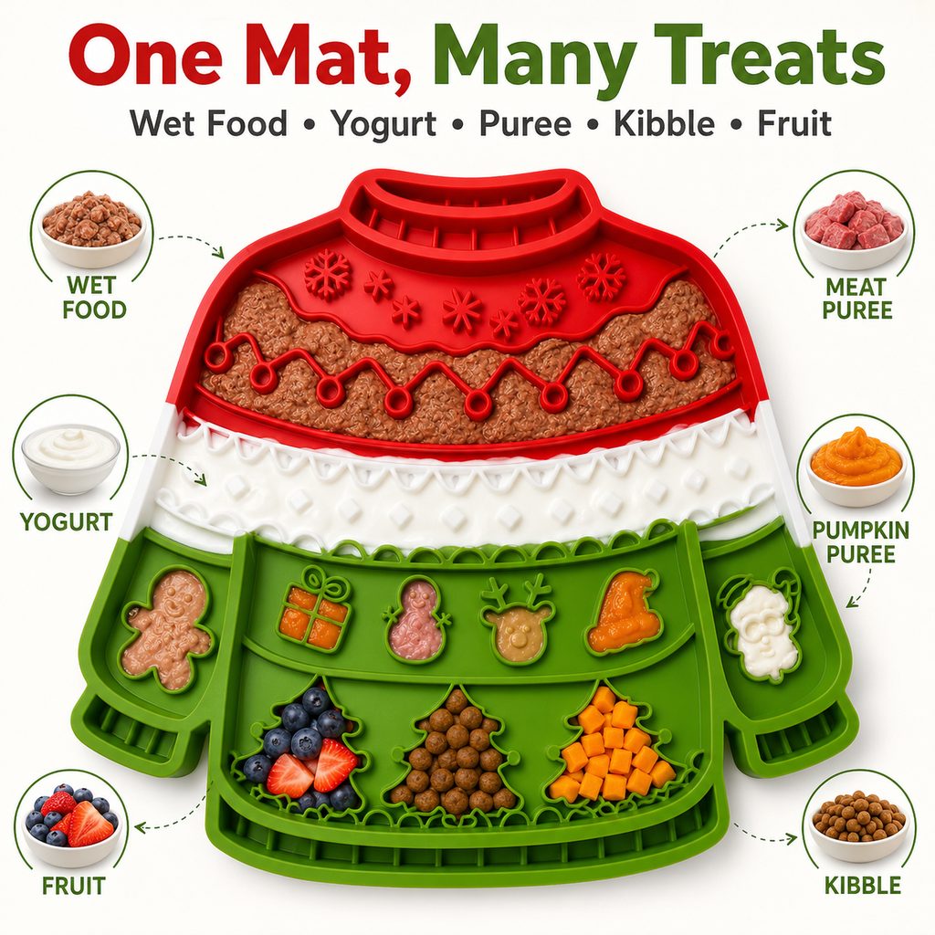 Christmas Sweater Lick Mat – Slow Treats & Calm Trims