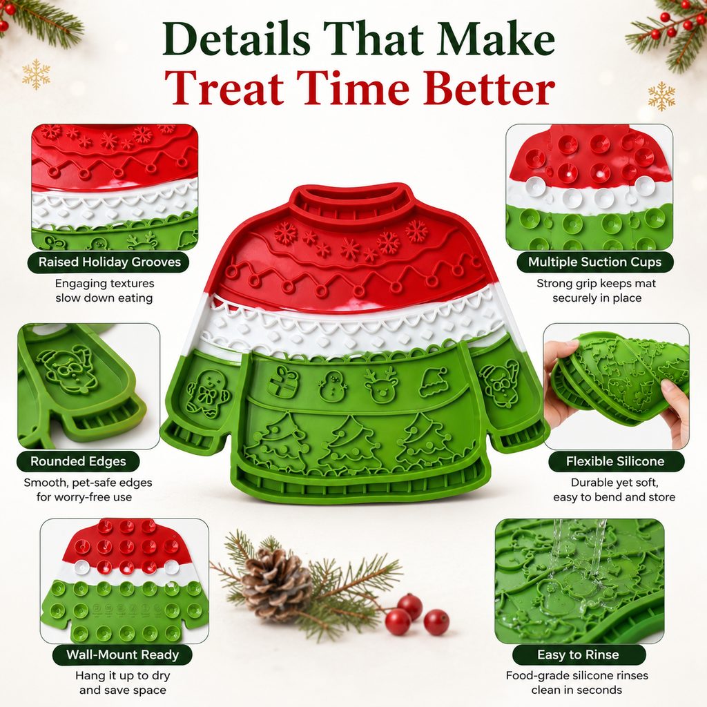 Christmas Sweater Lick Mat – Slow Treats & Calm Trims