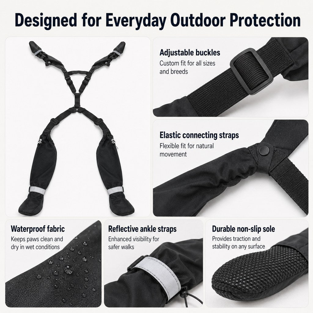 4-in-1 Connected Dog Rain Boots – Mud-Free Legs