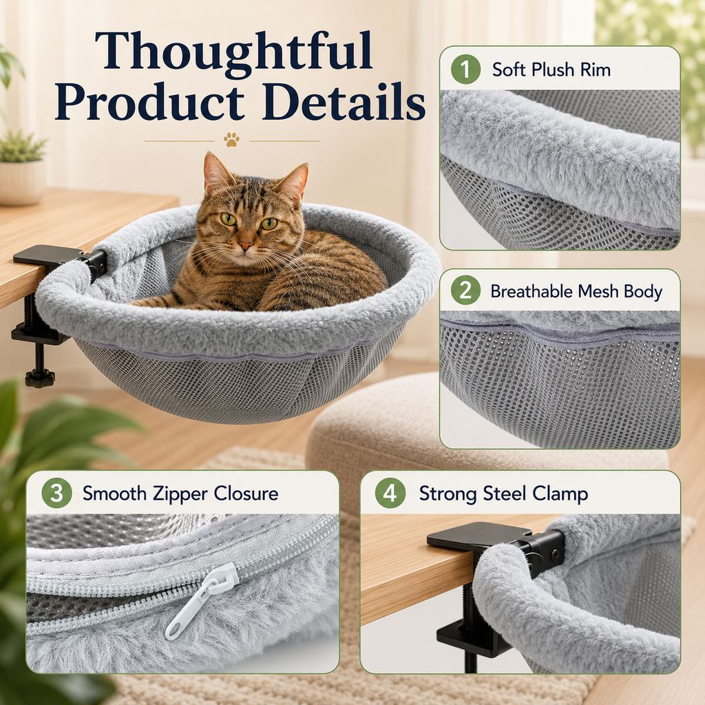 Clamp-On Desk Cat Hammock – Space-Saving Bed