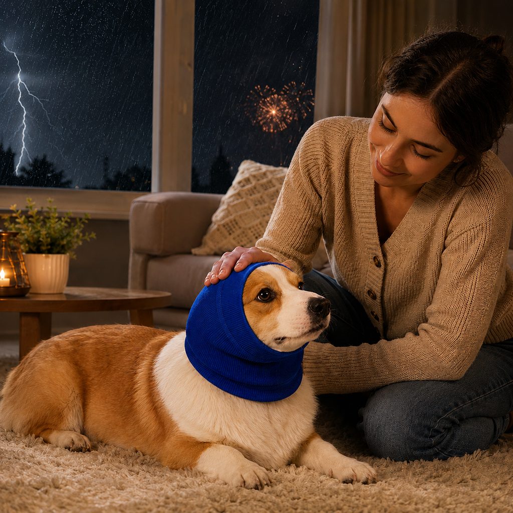 Dog Calming Head Wrap – Soothes Thunder & Fireworks Stress