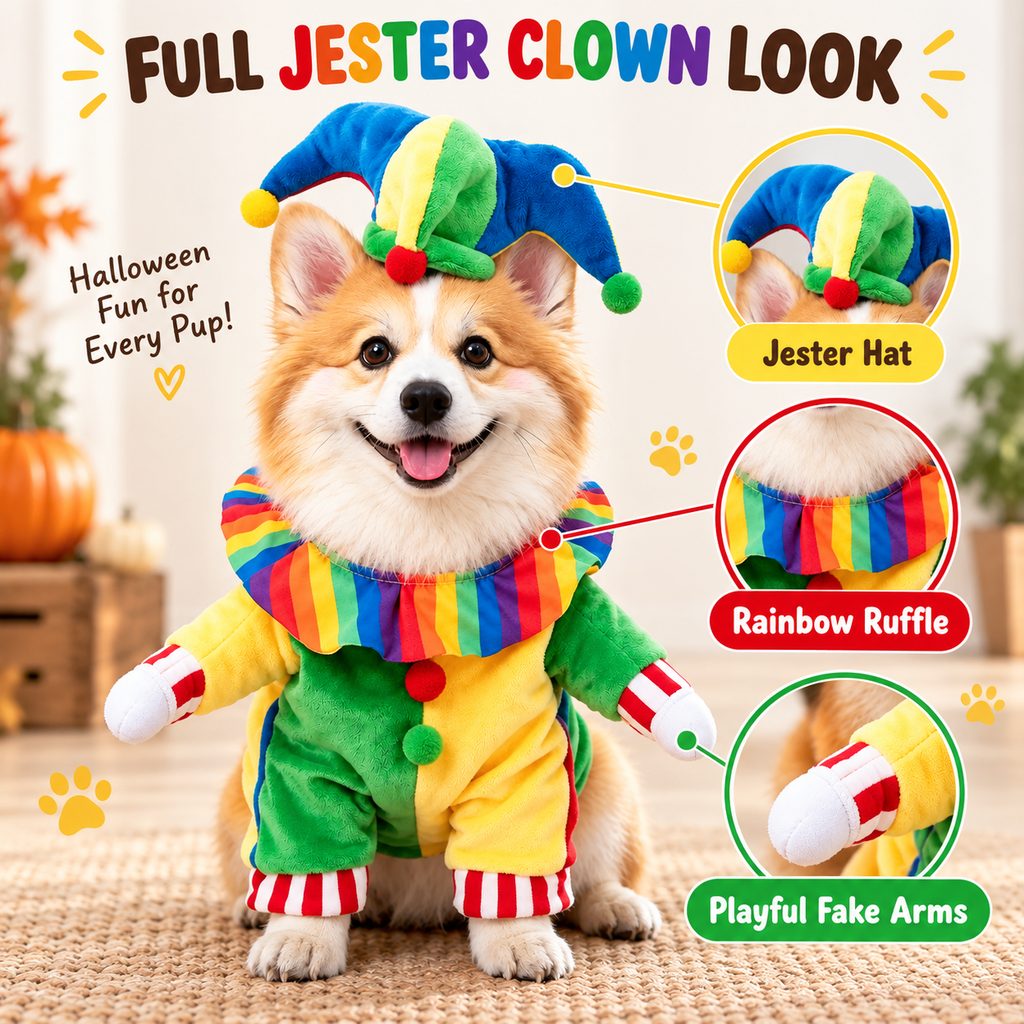 Jester Clown Dog Costume – Hat & Fake Arms