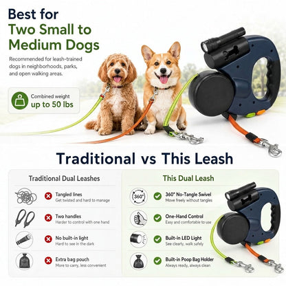 Dual Retractable Dog Leash – Tangle-Free with LED