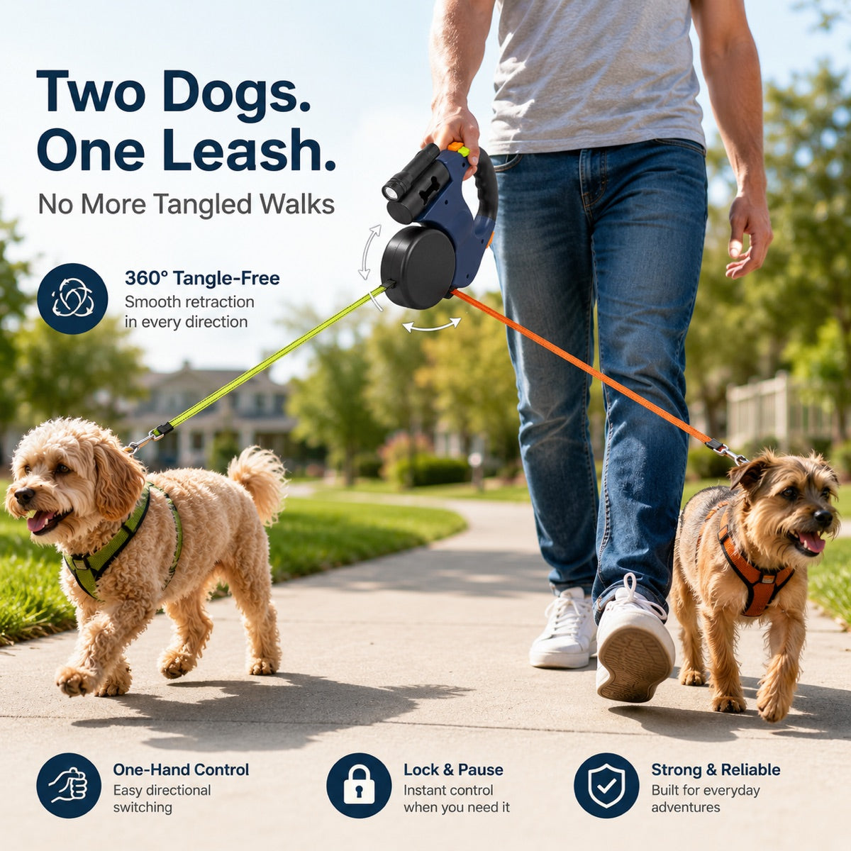 Dual Retractable Dog Leash – Tangle-Free with LED