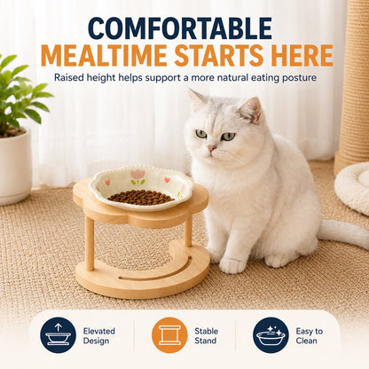 Elevated Ceramic Pet Bowl – Wooden Stand