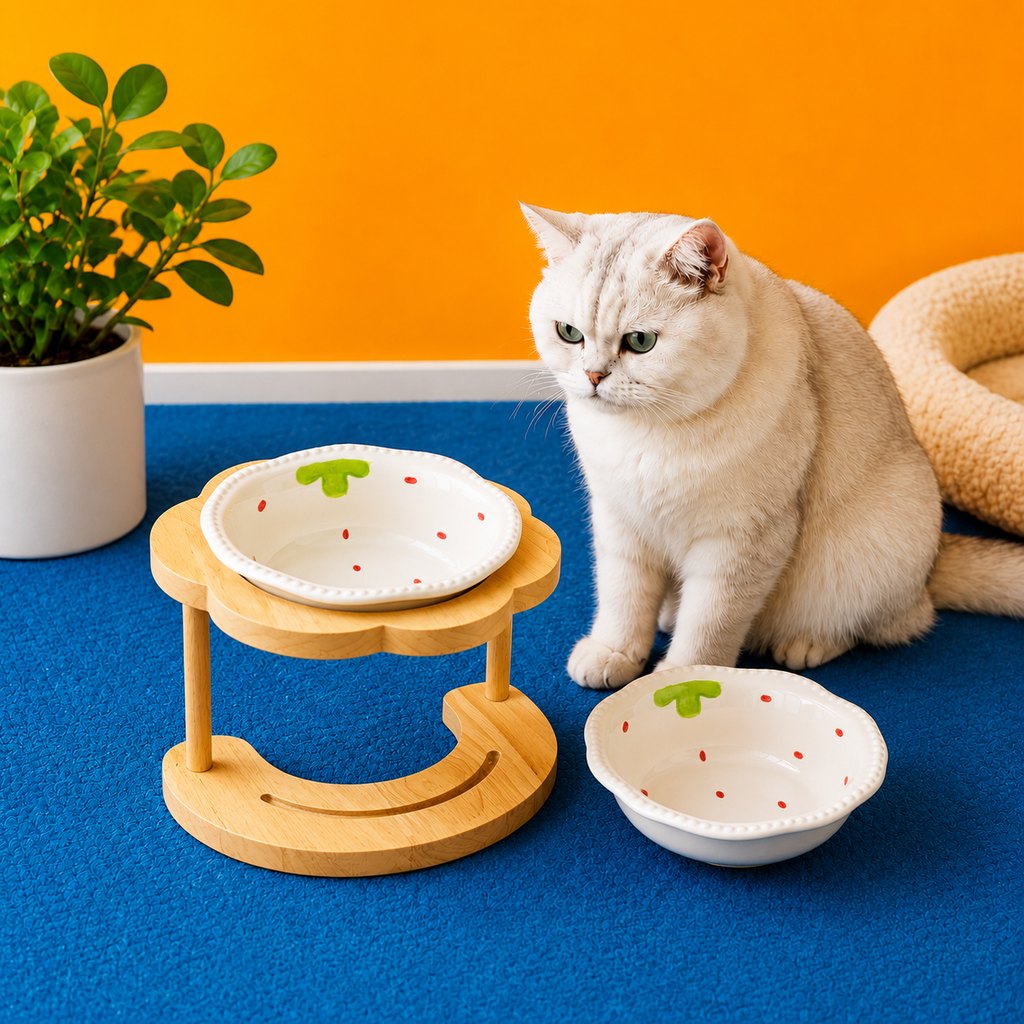 Elevated Ceramic Pet Bowl – Wooden Stand