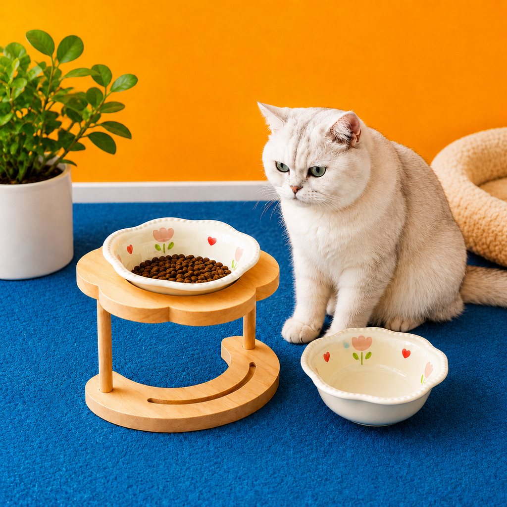 Elevated Ceramic Pet Bowl – Wooden Stand