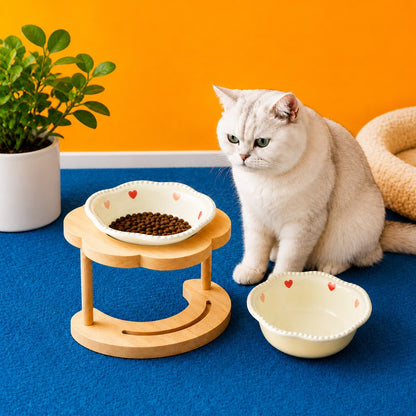 Elevated Ceramic Pet Bowl – Wooden Stand
