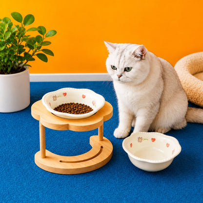 Elevated Ceramic Pet Bowl – Wooden Stand