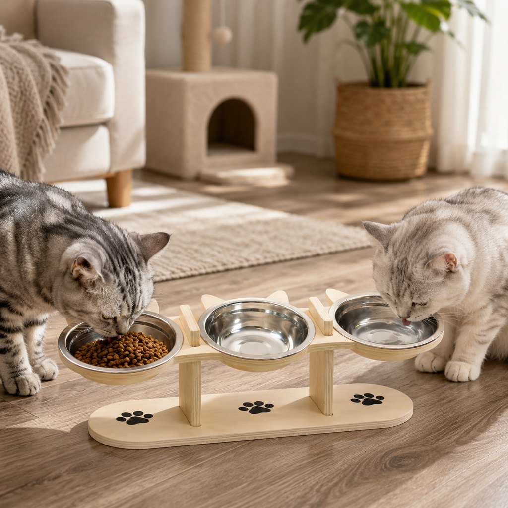 Elevated Wooden Cat Feeder – Stainless Steel Bowls