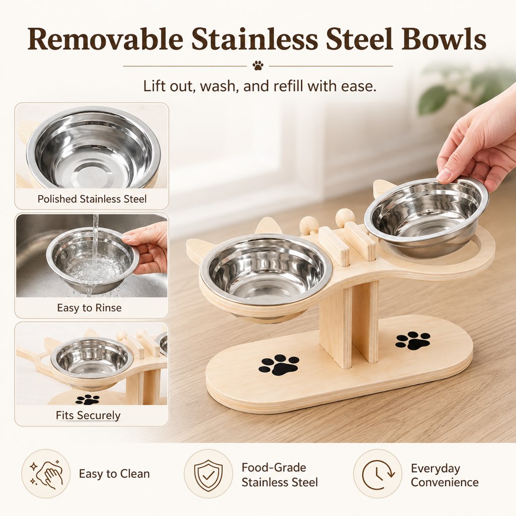 Elevated Wooden Cat Feeder – Stainless Steel Bowls