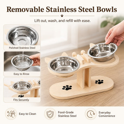 Elevated Wooden Cat Feeder – Stainless Steel Bowls