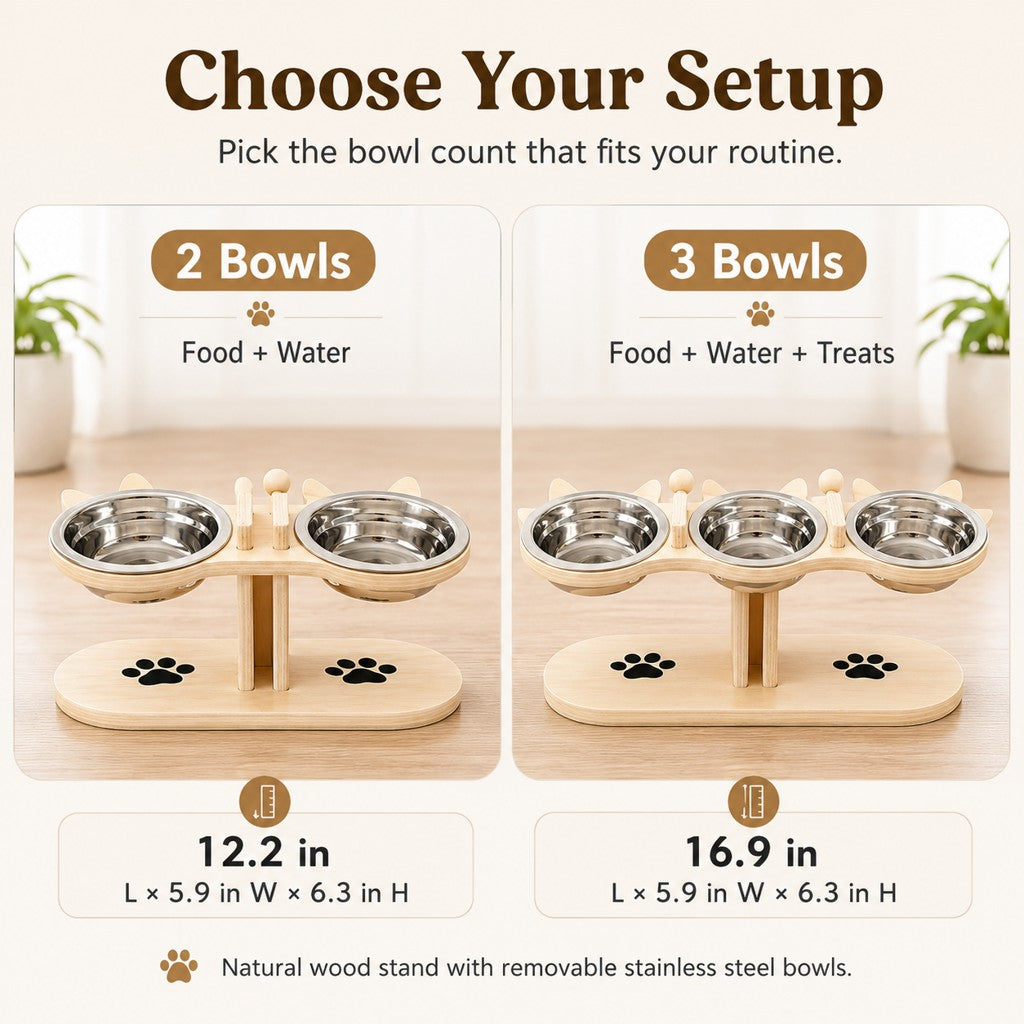 Elevated Wooden Cat Feeder – Stainless Steel Bowls