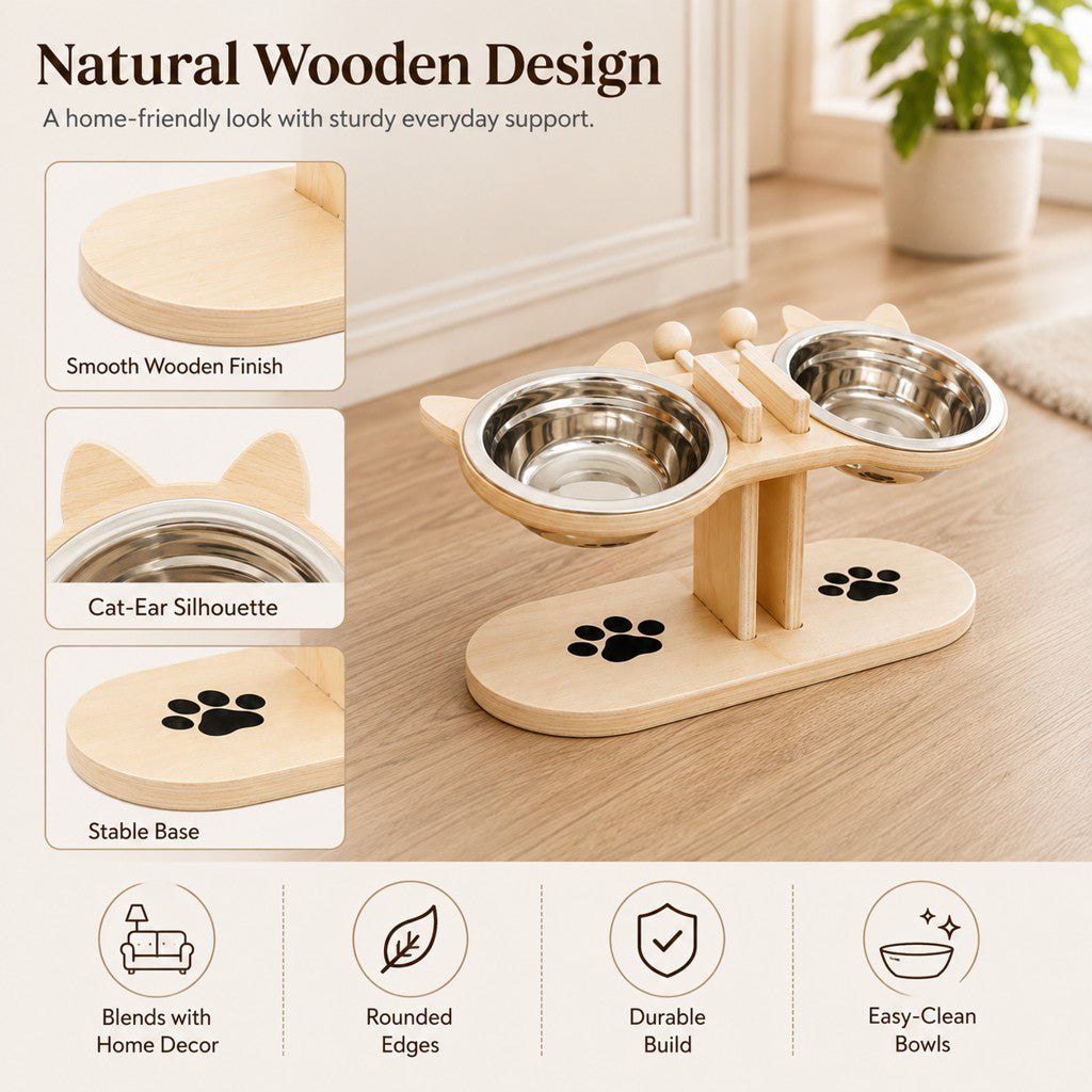 Elevated Wooden Cat Feeder – Stainless Steel Bowls