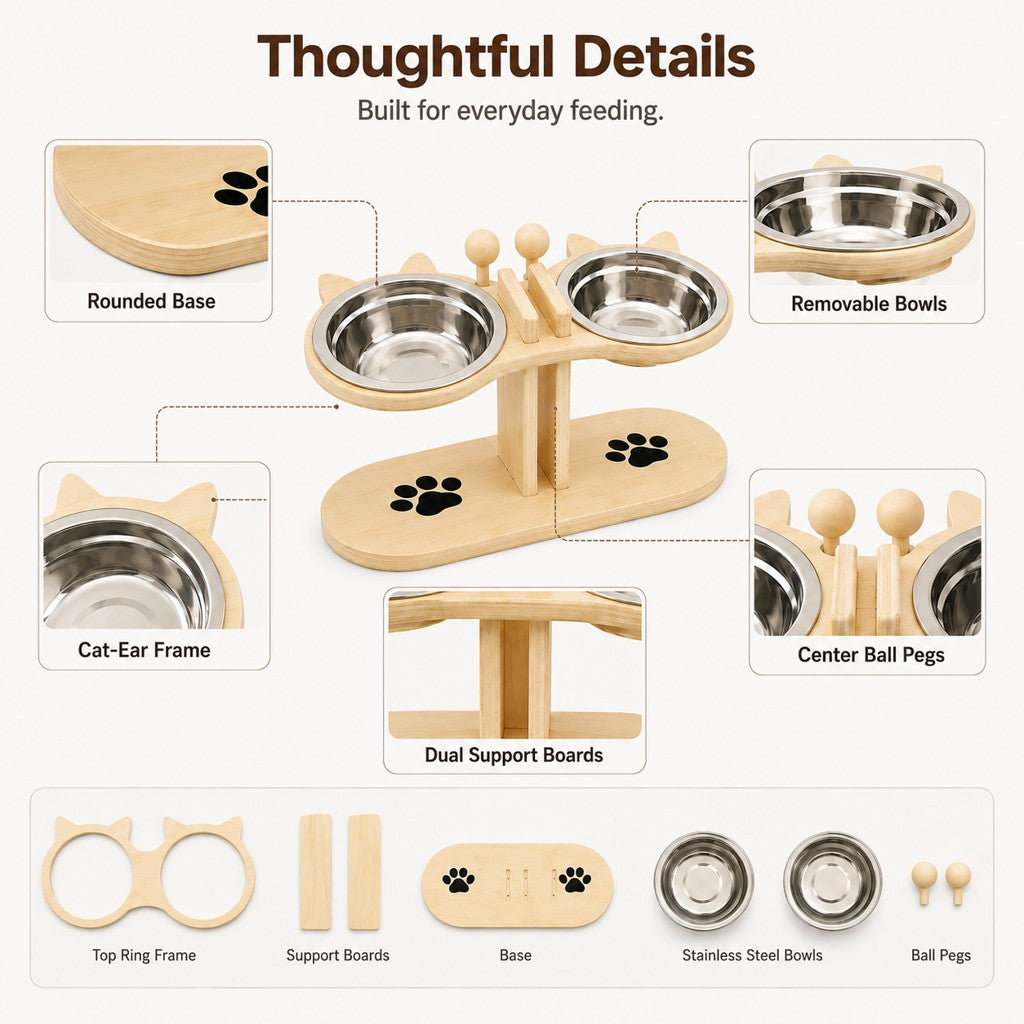 Elevated Wooden Cat Feeder – Stainless Steel Bowls