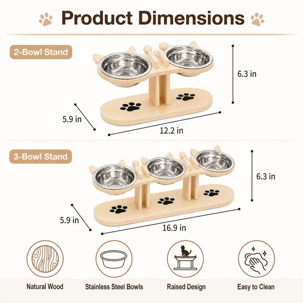 Elevated Wooden Cat Feeder – Stainless Steel Bowls
