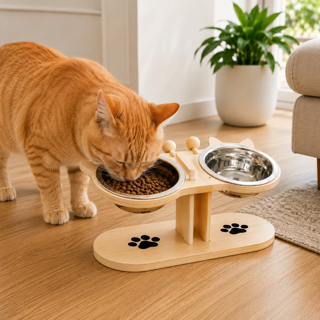 Elevated Wooden Cat Feeder – Stainless Steel Bowls