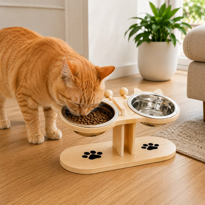 Elevated Wooden Cat Feeder – Stainless Steel Bowls