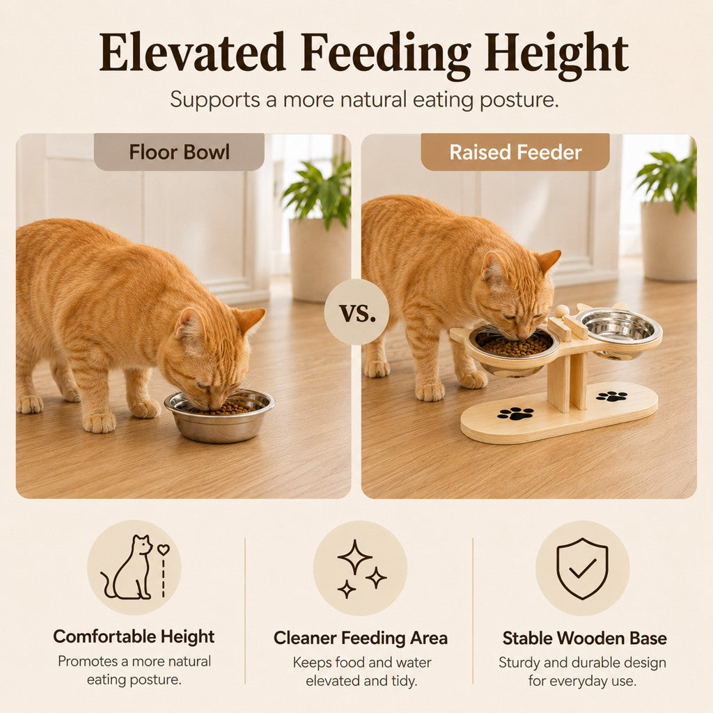 Elevated Wooden Cat Feeder – Stainless Steel Bowls