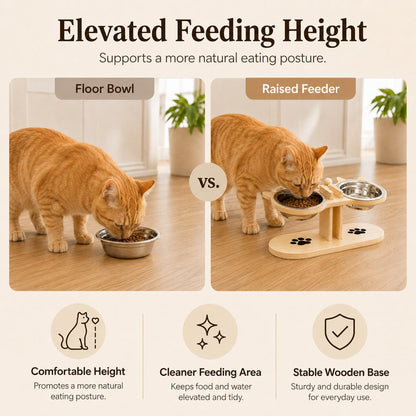 Elevated Wooden Cat Feeder – Stainless Steel Bowls