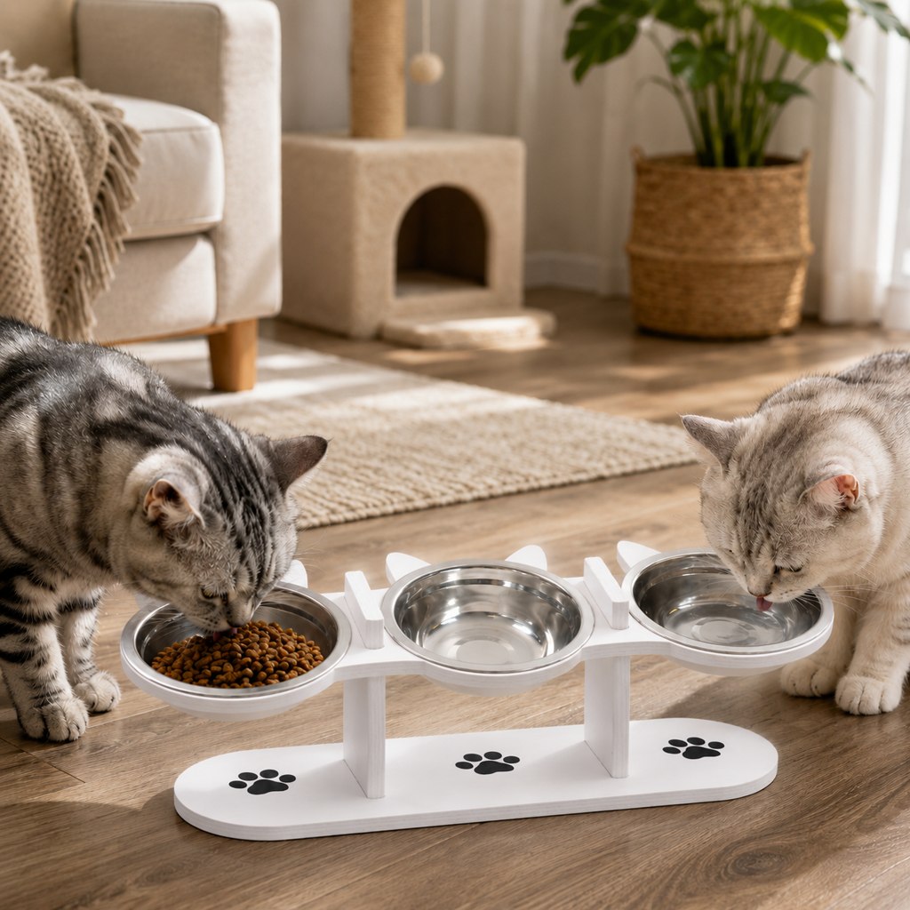 Elevated Wooden Cat Feeder – Stainless Steel Bowls