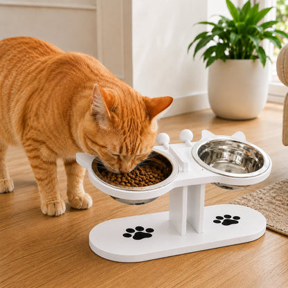 Elevated Wooden Cat Feeder – Stainless Steel Bowls