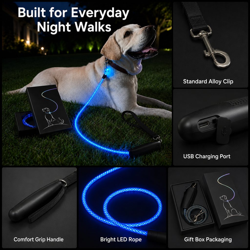 LED Light-Up Dog Leash – Rechargeable Night Safety