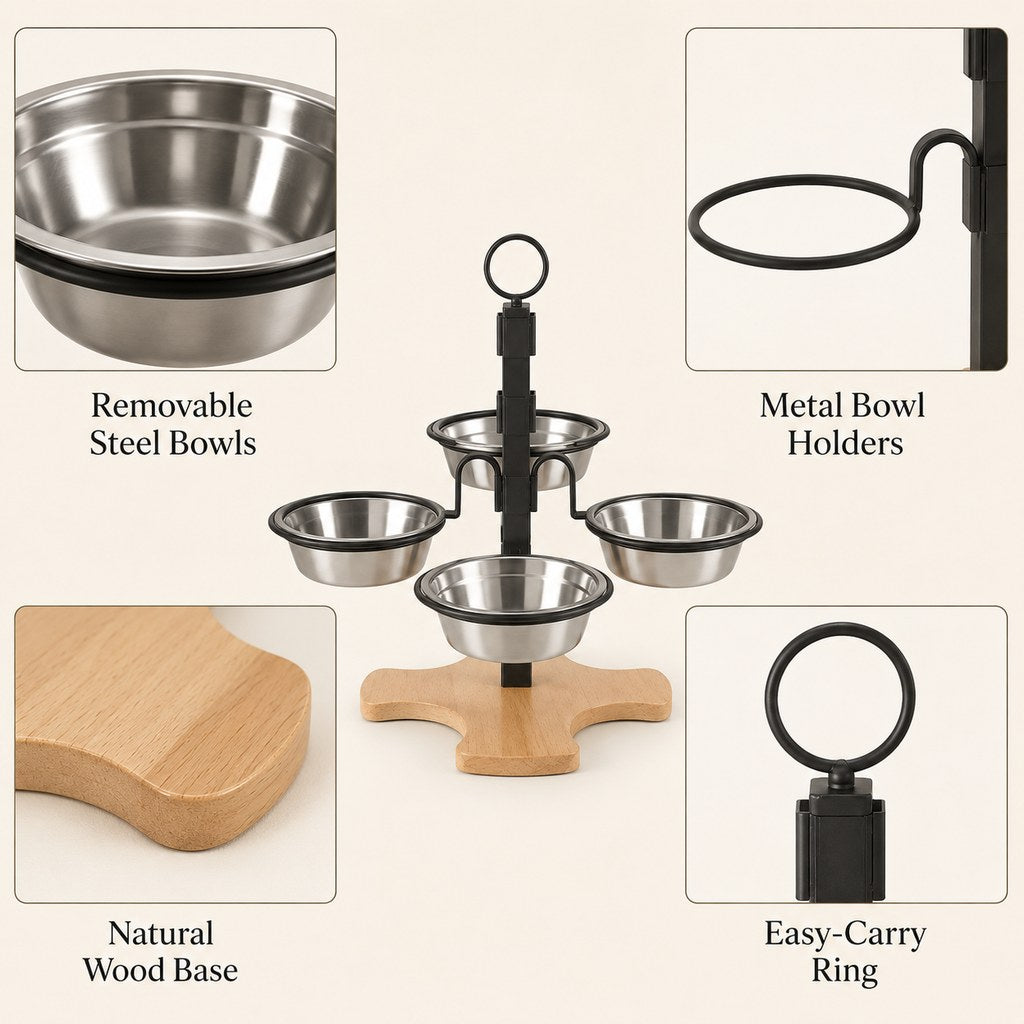 4-Bowl Elevated Pet Feeding Station – Adjustable Height