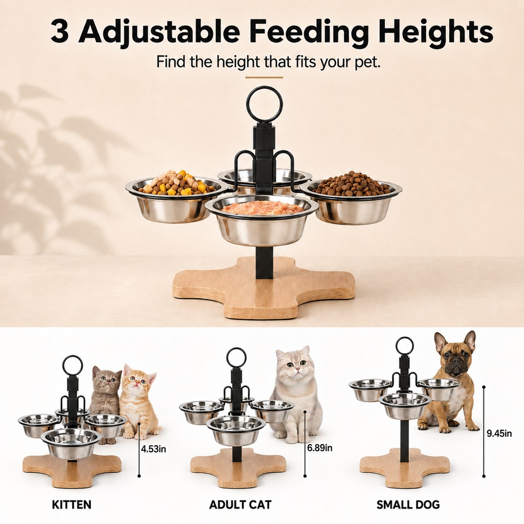 4-Bowl Elevated Pet Feeding Station – Adjustable Height