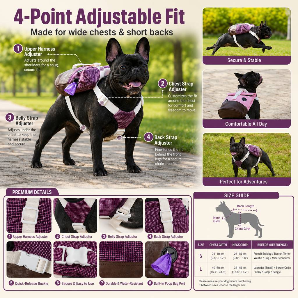 Frenchie Backpack Harness – No Neck Pulling, Carry Essentials