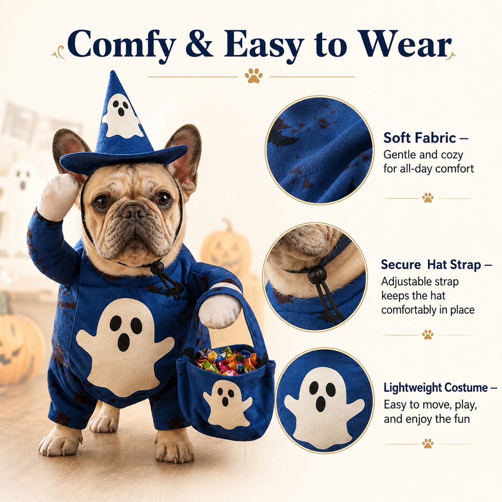 Glow Ghost Wizard Dog Costume – Hat & Treat Bag