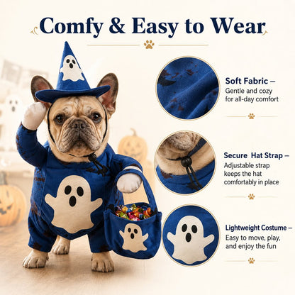 Glow Ghost Wizard Dog Costume – Hat & Treat Bag