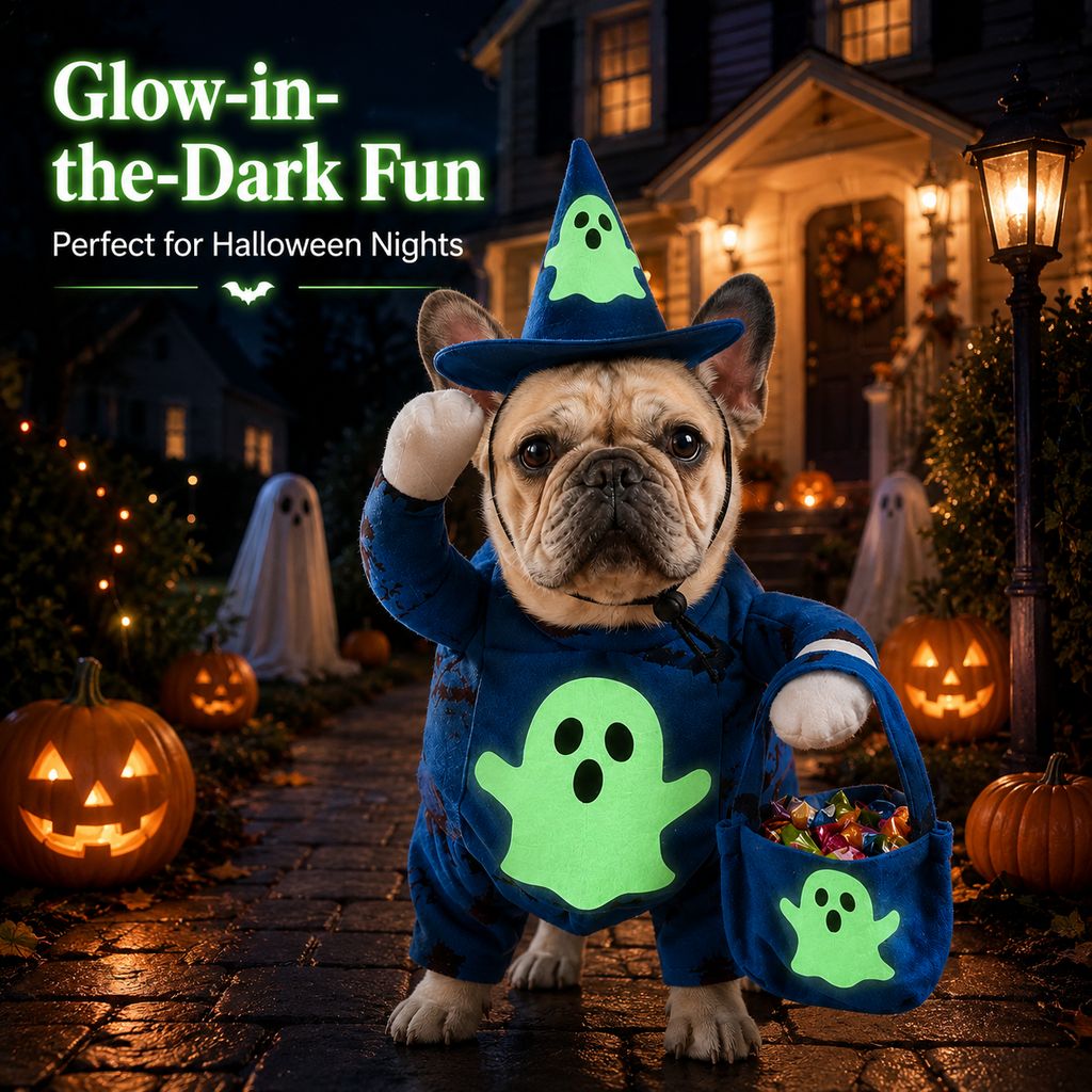 Glow Ghost Wizard Dog Costume – Hat & Treat Bag