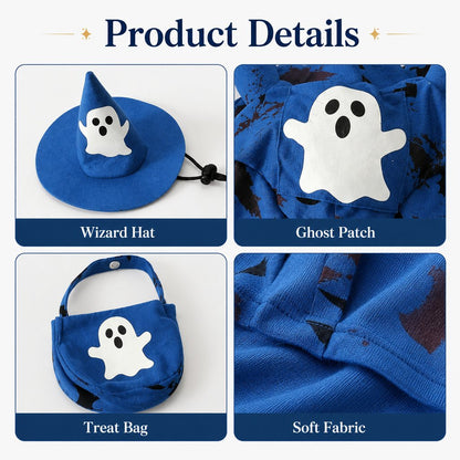 Glow Ghost Wizard Dog Costume – Hat & Treat Bag