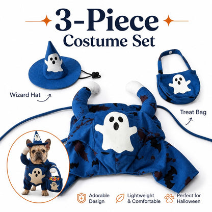 Glow Ghost Wizard Dog Costume – Hat & Treat Bag