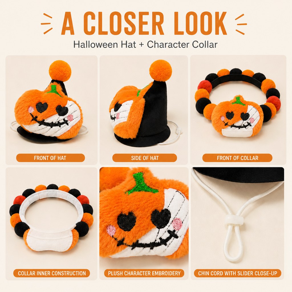 Halloween Pet Hat & Pom-Pom Collar – Easy 2-Piece Costume