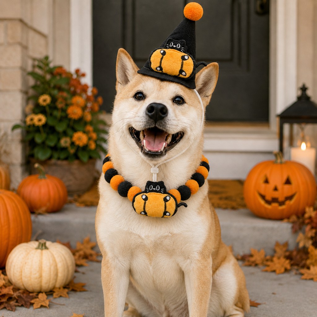 Halloween Pet Hat & Pom-Pom Collar – Easy 2-Piece Costume