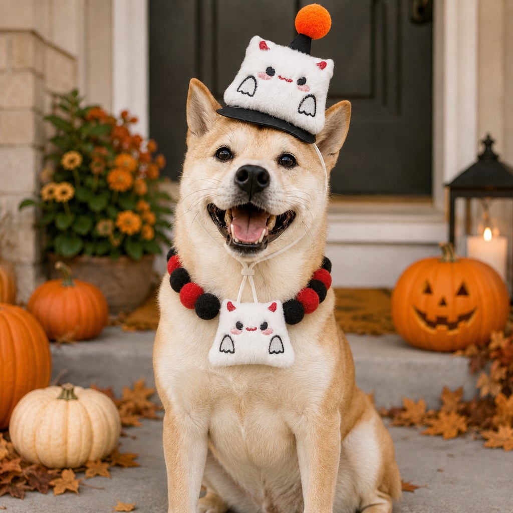Halloween Pet Hat & Pom-Pom Collar – Easy 2-Piece Costume