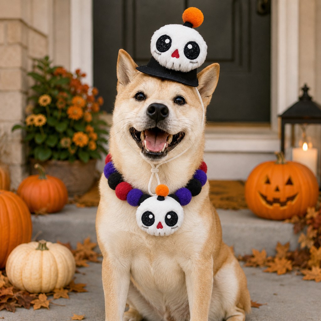 Halloween Pet Hat & Pom-Pom Collar – Easy 2-Piece Costume