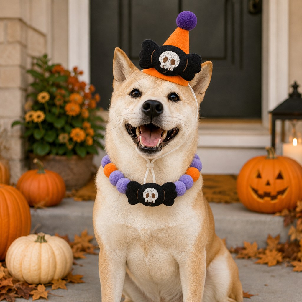 Halloween Pet Hat & Pom-Pom Collar – Easy 2-Piece Costume