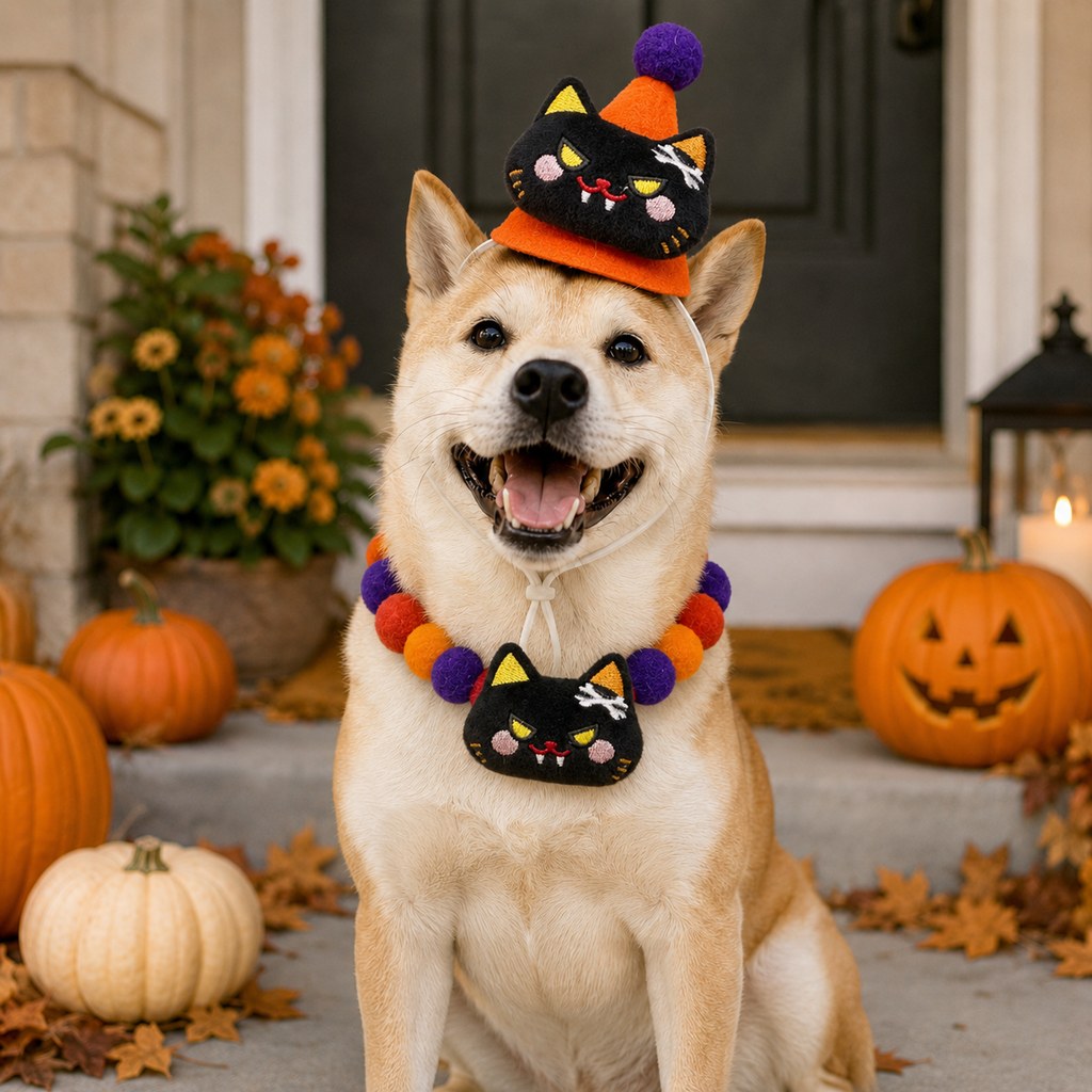 Halloween Pet Hat & Pom-Pom Collar – Easy 2-Piece Costume
