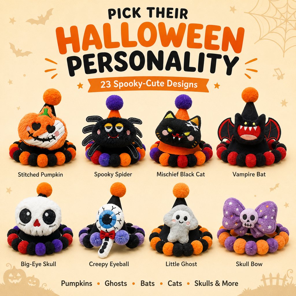 Halloween Pet Hat & Pom-Pom Collar – Easy 2-Piece Costume