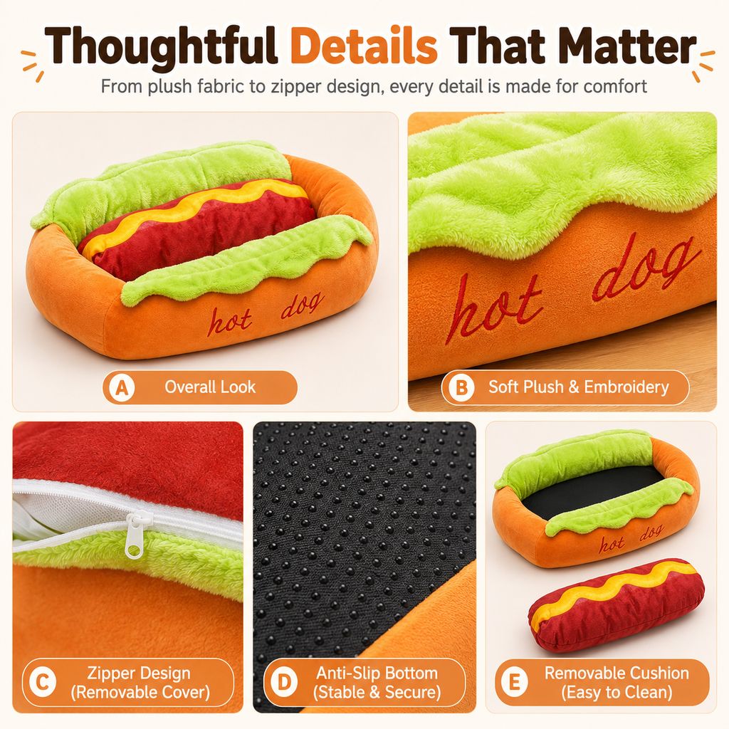 Hot Dog Pet Bed – Plush Removable Cushion