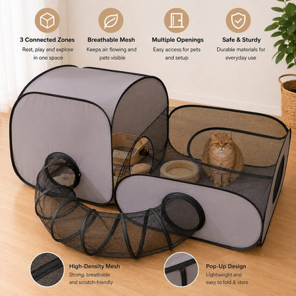 Indoor Cat Playpen – Tunnel & Rest Tent, 3 Zones