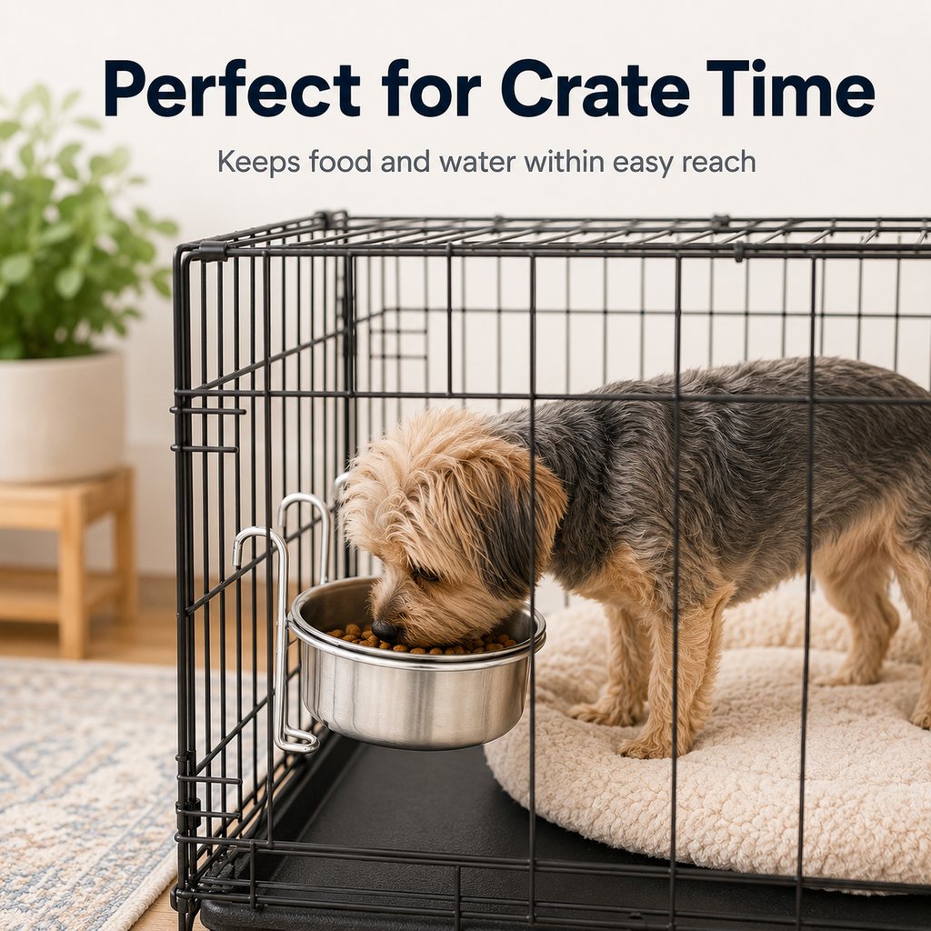 Hanging Crate Pet Bowl – No-Tip Kennel Feeding