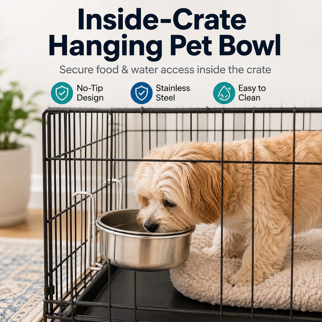 Hanging Crate Pet Bowl – No-Tip Kennel Feeding